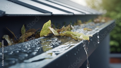 A clogged gutter overflowing with leaves and debris photo