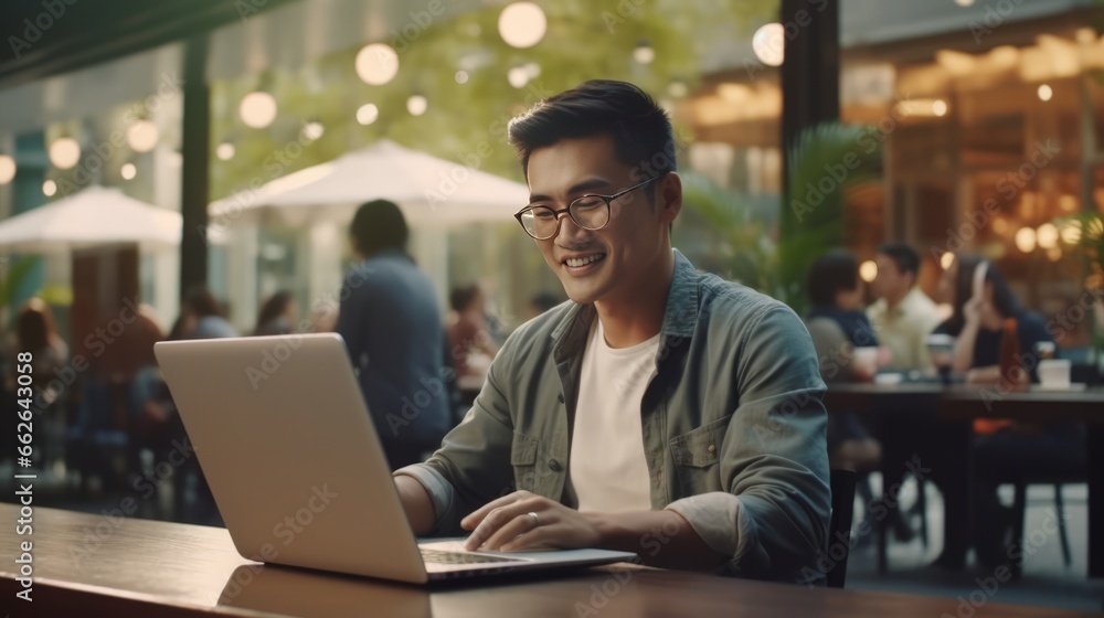 Fototapeta premium A man working on a laptop at a table