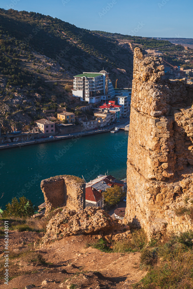 Vertical photo with ruined ancient fortress of Balaklava, Crimea