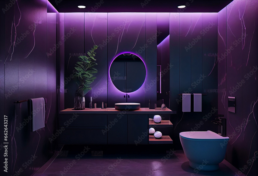 Black modern bathroom, stylish lighting and elegant decorations - obrazy, fototapety, plakaty 