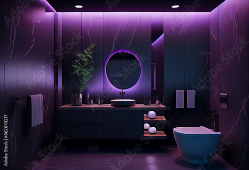Black modern bathroom, stylish lighting and elegant decorations