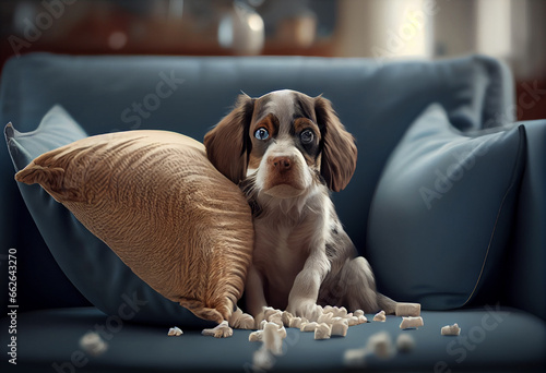A mischievous, playful puppy bites the pillow after mischief while lying on the couch at home. A guilty dog and a ruined living room. Damaged messy house and puppy with funny guilty look photo