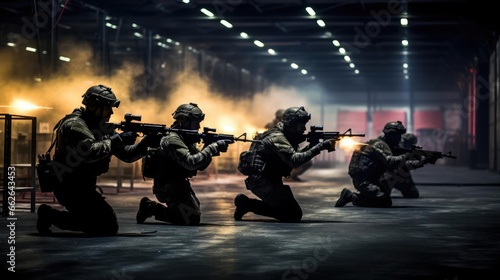 A group of military with weapons training at night