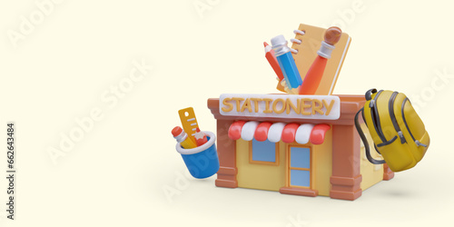 Cute stationery store. Back to school. 3D building with pencils, rulers, pens, notebooks. Office stationery. Horizontal advertising poster with blank part