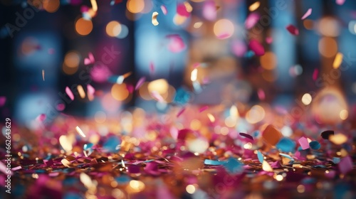 Colored confetti flying on blurred background.