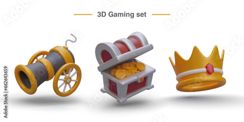 3d poster with realistic treasure chest with gold, military cannon in yellow and black colors and crown with diamond. King computer game concept. Vector illustration in 3d style