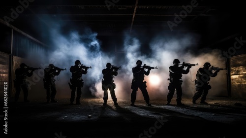 A group of military with weapons training at night