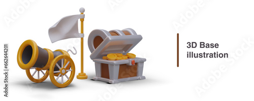Concept of game base. Fort, place for protection. 3D wheel cannon, chest filled with gold coins, flag. Vector illustration with shadows. Idea for gaming