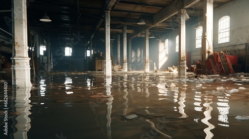 A flooded building with multiple windows reflecting the water