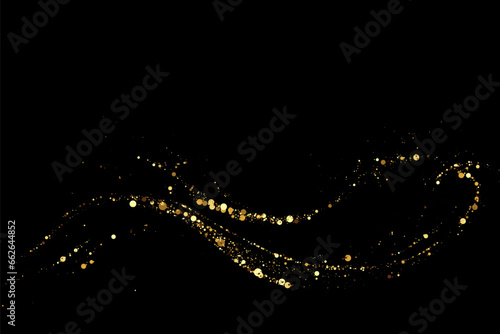 Scattered gold particles on a dark background. A wavy stream of shiny gold confetti. Festive background or design element.