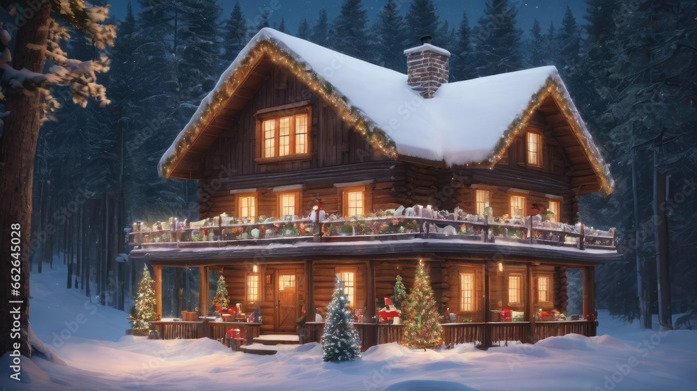 House in the forest, House in winter, House in the mountains, Forest landscape with winter house and festive Christmas trees, Christmas landscape