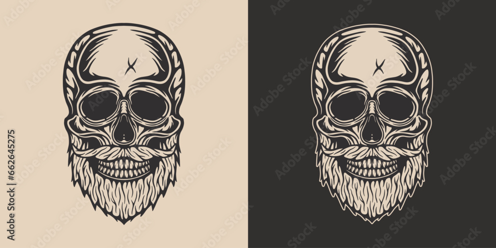 Vintage Retro woodcut linocut engraving barber shop element. Scary halloween skull hipster. Can be used for logo, emblem, badge, mark, poster design. Monochrome Graphic Art.
