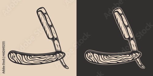 Vintage Retro woodcut linocut engraving barber shop element. Dangerous hand razor blade. Can be used for logo, emblem, badge, mark, poster design. Monochrome Graphic Art.