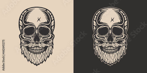 Vintage Retro woodcut linocut engraving barber shop element. Scary halloween skull hipster. Can be used for logo, emblem, badge, mark, poster design. Monochrome Graphic Art.