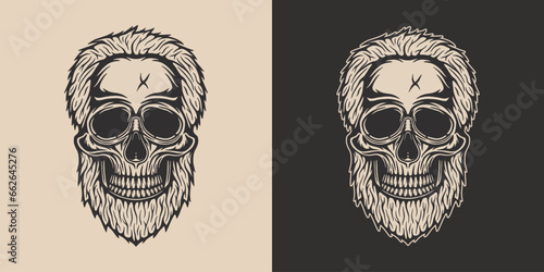 Vintage Retro woodcut linocut engraving barber shop element. Scary halloween skull hipster. Can be used for logo, emblem, badge, mark, poster design. Monochrome Graphic Art.