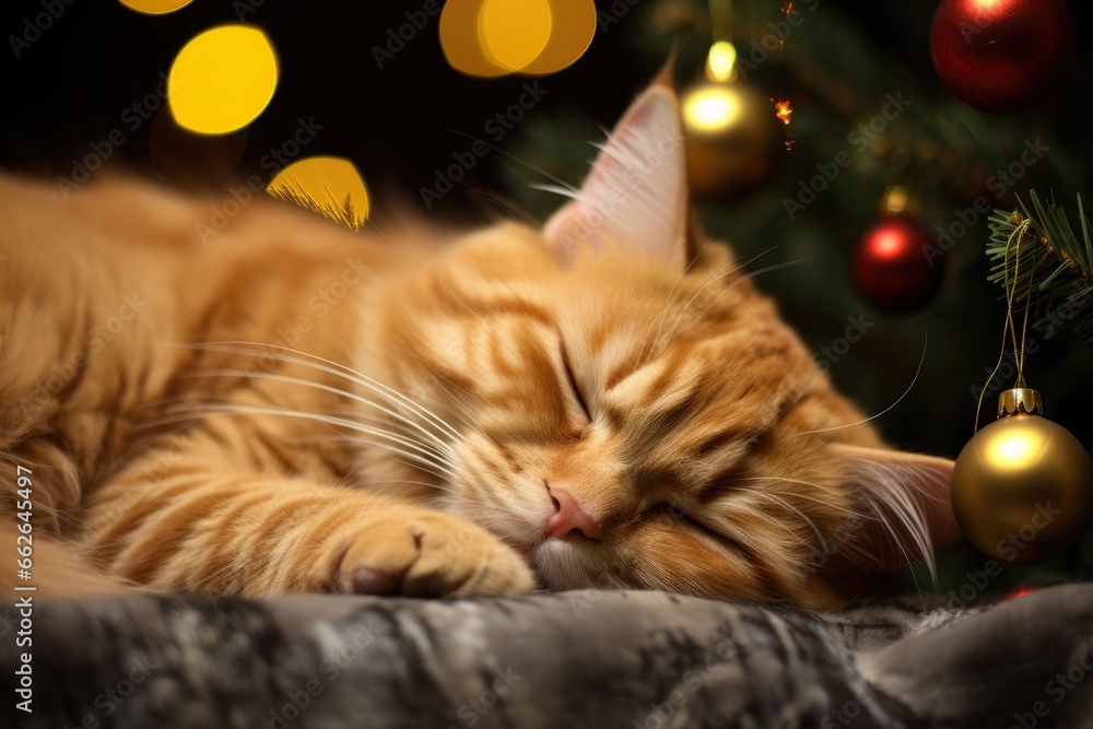cat sleeping under the Christmas tree cat sleeping under the Christmas tree