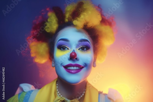 Girl happy clown. Party person at summer birthday. Generate Ai