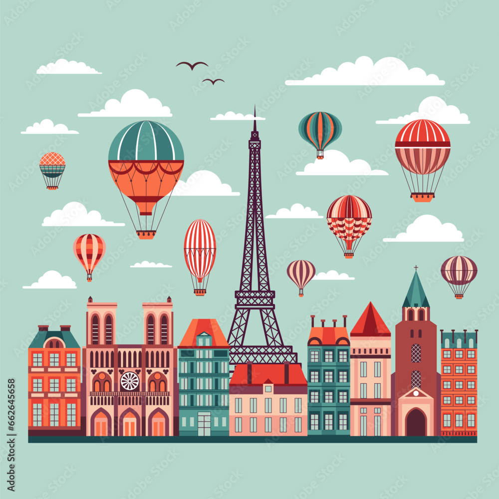 Vintage Air Balloons Flying over Paris Skyline