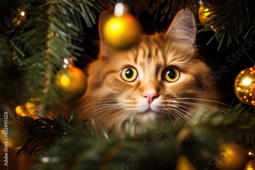 cat in decorated christmas tree. New year concept