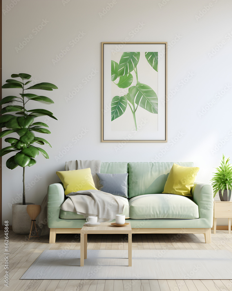 Una sala de estar de colores brillantes con un  sofá verde, al estilo del simbolismo tropical, verde claro y gris claro, fondo blanco, líneas limpias - obrazy, fototapety, plakaty 