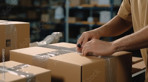 A man packing boxes in a warehouse