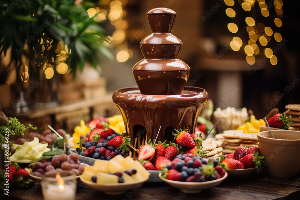 The allure of a cascading chocolate fountain takes center stage, accompanied by an assortment of fresh fruits, ready to be dipped and enjoyed.