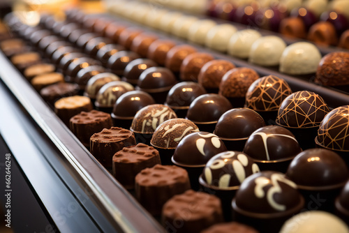 An elegant array of diverse chocolate bonbons, each filled uniquely, beckons from within the sophisticated ambiance of a luxury boutique.