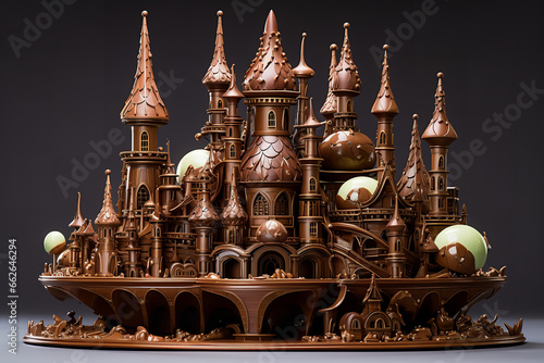A fantastical chocolate structure stands tall, its design reminiscent of fairy-tale castles, with ornate cocoa turrets capturing the imagination.