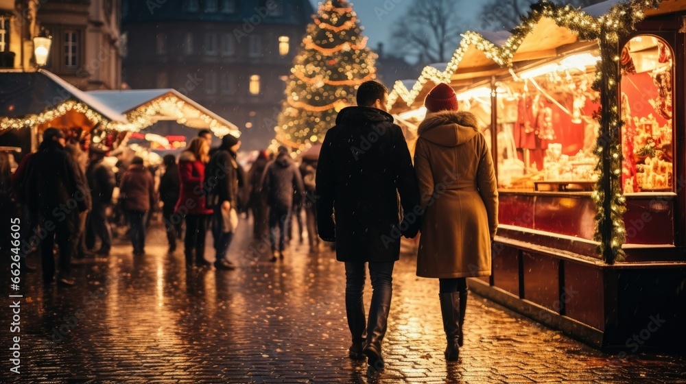 A romantic couple walks through Christmas fair - obrazy, fototapety, plakaty 