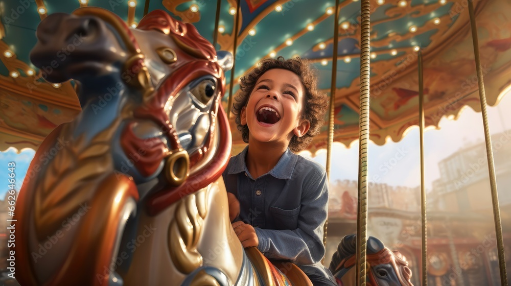 A young kid has fun on a carousel in an amusement park