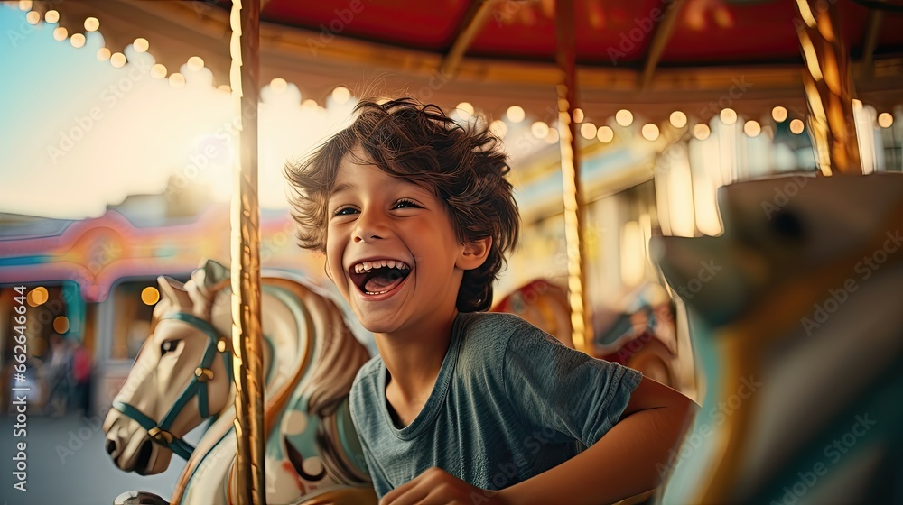 A young kid has fun on a carousel in an amusement park