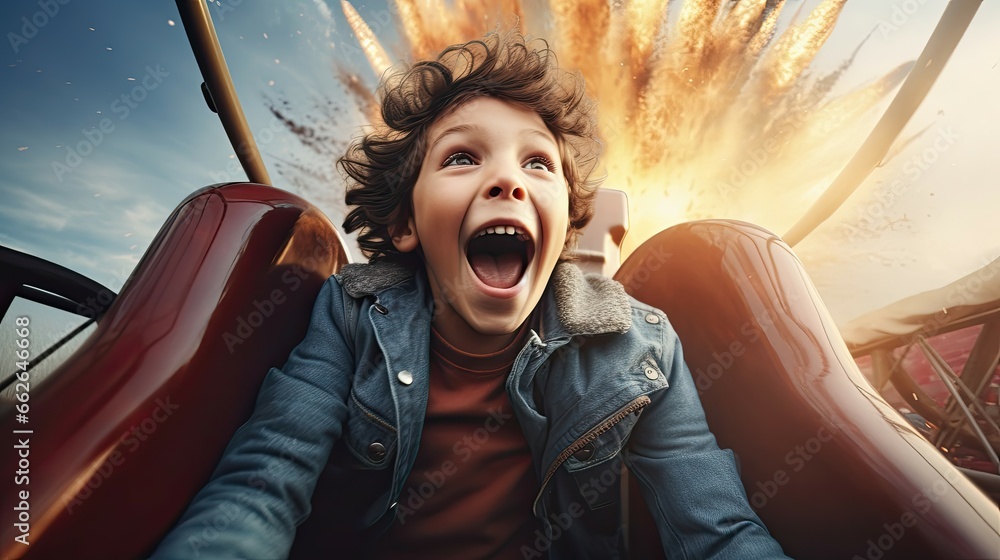 A young child has fun on a roller coaster in an amusement park