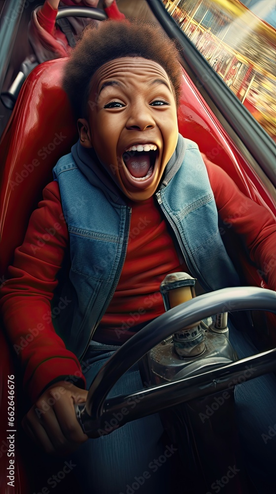 A young child has fun on a roller coaster in an amusement park