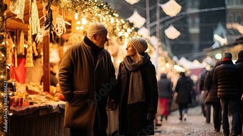 A romantic couple walks through Christmas fair
