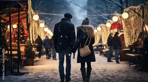 A romantic couple walks through Christmas fair