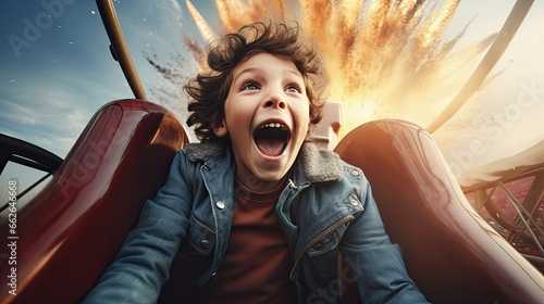 Obraz na płótnie A young child has fun on a roller coaster in an amusement park w salonie