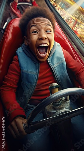 Obraz na płótnie A young child has fun on a roller coaster in an amusement park w salonie