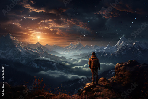 Man alone look at the mountains, at starry night, travel concept, AI Generative.. © Viktoriia