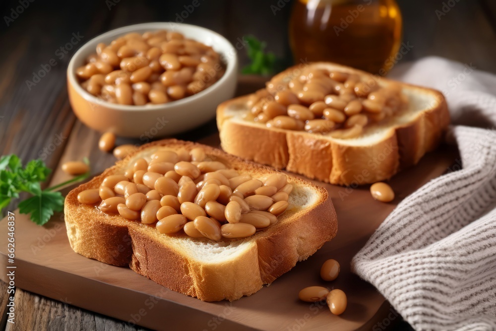 Toasts canned beans legumes. Tasty food nutrition lunch leaf. Generate Ai