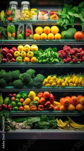 Fresh fruit and vegetable shelves in a supermarket