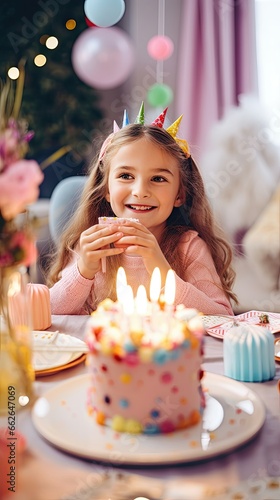 A young girl celebrates her birthday with cake  candles  and friends
