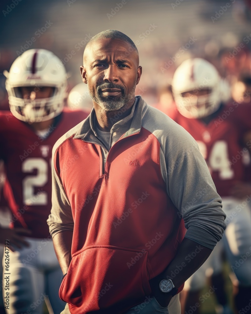 Football coach and young players in the background