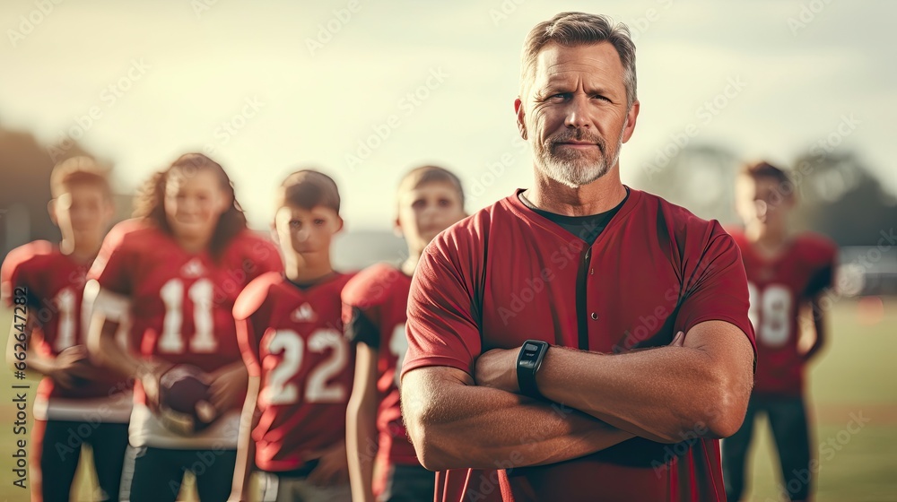 Football coach and young players in the background