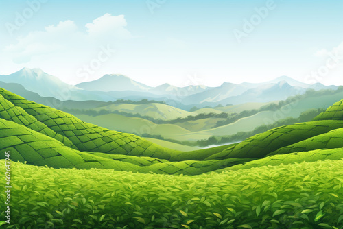 Beautiful landscape with green tea field and mountains