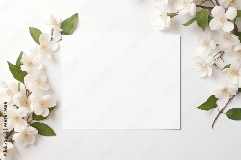 Minimal empty paper card mock up with white flowers. Minimal empty paper card mock up with white flowers.