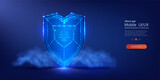 Digital Cyber Shield in Vibrant Blue Neon Lights: UI,UX Mobile App Security Design Concept. Modern lowpoly style. Vector illustration