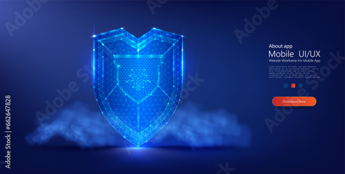 Digital Cyber Shield in Vibrant Blue Neon Lights: UI,UX Mobile App Security Design Concept. Modern lowpoly style. Vector illustration © ZinetroN