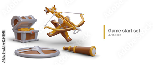 3d start set for online computer game. Realistic crossbow toy, open treasure chest with collection of gold coins, shield and spyglass. Vector illustration with place for text