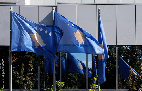 Kosovo national flags at the building of the Government of The Republic of Kosovo