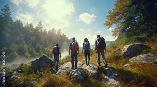 A group of hikers ascending a steep hill with backpacks